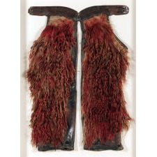 FANTASTIC, RED, WOOLY, ANGORA CHAPS WITH BEAUTIFULLY TOOLED LEATHER, MADE BY VISALIA STOCK SADDLE CO. OF SAN FRANCISCO, CALIFORNIA, SIGNED IN 3 PLACES, ca 1880-1910
