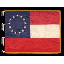 FIRST NATIONAL PATTERN CONFEDERATE FLAG WITH 13 STARS TO INCLUDE MISSOURI AND KENTUCKY SECESSION, MADE ENTIRELY OF SILK, WITH SILK FRINGE AND TIES, A REUNION ERA EXAMPLE, CIRCA 1895-1920