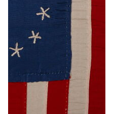 13 HAND-EMBROIDERED STARS AND EXPERTLY HAND-SEWN STRIPES ON AN ANTIQUE AMERICAN FLAG MADE IN PHILADELPHIA BY RACHEL ALBRIGHT, GRANDDAUGHTER OF BETSY ROSS, SIGNED & DATED 1903