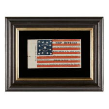 13 STARS IN AN UNUSUAL PATTERN ON A RARE PAPER PARADE FLAG WITH ADVERTISING HOP BITTERS, PROBABLY DISTRIBUTED FOR THE 1876 CENTENNIAL; EXHIBITED AT THE MUSEUM OF THE AMERICAN REVOLUTION FROM JUNE – JULY, 2019