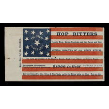 13 STARS IN AN UNUSUAL PATTERN ON A RARE PAPER PARADE FLAG WITH ADVERTISING HOP BITTERS, PROBABLY DISTRIBUTED FOR THE 1876 CENTENNIAL; EXHIBITED AT THE MUSEUM OF THE AMERICAN REVOLUTION FROM JUNE – JULY, 2019