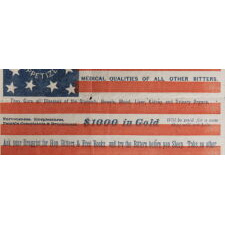 13 STARS IN AN UNUSUAL PATTERN ON A RARE PAPER PARADE FLAG WITH ADVERTISING HOP BITTERS, PROBABLY DISTRIBUTED FOR THE 1876 CENTENNIAL; EXHIBITED AT THE MUSEUM OF THE AMERICAN REVOLUTION FROM JUNE – JULY, 2019