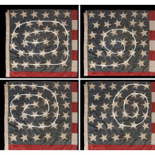 33 HAPHAZARDLY PLACED STARS AND 11 STRIPES ON AN ANTIQUE AMERICAN FLAG WITH ITS CANTON RESTING ON THE WAR STRIPE, POSSIBLY MADE WITH SOUTHERN SYMPATHIES; REFLECTS THE ADDITION OF OREGON TO THE UNION ON VALENTINES DAY, 1859; OFFICIAL FROM JULY 4th OF THAT YEAR UNTIL JULY 3rd, 1861