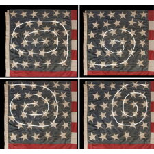 33 HAPHAZARDLY PLACED STARS AND 11 STRIPES ON AN ANTIQUE AMERICAN FLAG WITH ITS CANTON RESTING ON THE WAR STRIPE, POSSIBLY MADE WITH SOUTHERN SYMPATHIES; REFLECTS THE ADDITION OF OREGON TO THE UNION ON VALENTINE’S DAY, 1859; OFFICIAL FROM JULY 4th OF THAT YEAR - JULY 3rd, 1861