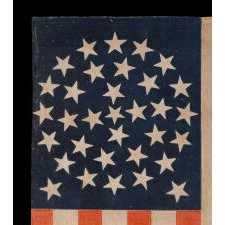 33 STARS IN A MEDALLION CONFIGURATION ON A LARGE SCALE ANTIQUE AMERICAN PARADE FLAG, AN EXTREMELY RARE EXAMPLE, OREGON STATEHOOD, 1859-1861