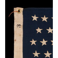 38 HAND-SEWN STARS ON AN ANTIQUE AMERICAN FLAG IN AN EXTRAORDINARILY TINY SCALE AMONG ITS PIECED-AND-SEWN COUNTERPARTS, MADE AT THE TIME WHEN COLORADO WAS THE MOST RECENT STATE TO JOIN THE UNION, 1876-1889; PROBABLY MADE BY THE ANNIN COMPANY IN NEW YORK CITY, SIGNED BY MEMBERS OF THE GRIMES & JOHNSON FAMILIES OF CANANDAIGUA, NEW YORK