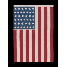 39 STARS IN TWO SIZES, ALTERNATING FROM ONE COLUMN TO THE NEXT, ON AN ANTIQUE AMERICAN PARADE FLAG DATING TO THE 1876 CENTENNIAL, NEVER AN OFFICIAL STAR COUNT, REFLECTS THE ANTICIPATED ARRIVAL OF COLORADO AND THE DAKOTA TERRITORY