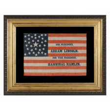 1860 ABRAHAM LINCOLN CAMPAIGN PARADE FLAG WITH 33 STARS IN A PENTAGON MEDALLION AND AN INTRIGUING ABBREVIATION OF HIS NAME, ATTRIBUTED TO H.C. HOWARD OF PHILADELPHIA