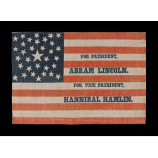 1860 ABRAHAM LINCOLN CAMPAIGN PARADE FLAG WITH 33 STARS IN A PENTAGON MEDALLION AND AN INTRIGUING ABBREVIATION OF HIS NAME, ATTRIBUTED TO H.C. HOWARD OF PHILADELPHIA