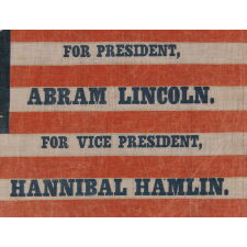 1860 ABRAHAM LINCOLN CAMPAIGN PARADE FLAG WITH 33 STARS IN A PENTAGON MEDALLION AND AN INTRIGUING ABBREVIATION OF HIS NAME, ATTRIBUTED TO H.C. HOWARD OF PHILADELPHIA