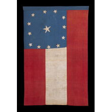 CIVIL WAR PERIOD CONFEDERATE FLAG IN THE FIRST NATIONAL PATTERN (a.k.a., STARS & BARS), HOMEMADE & ENTIRELY HAND-SEWN, WITH 13 STARS ARRANGED IN A WIDELY DISPURSED WREAT OF 12, WITH A LARGE, STARFISH-SHAPED CENTER STAR, ON A CANTON OF BLUE COTTON CHINTZ, DEC. 1861 – JUNE 1863