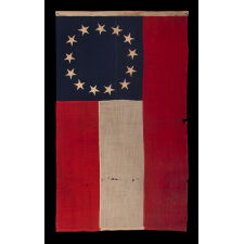CONFEDERATE 1st NATIONAL PATTERN COMPANY FLAG (A.K.A., "STARS & BARS"), CARRIED BY THE “GRIMES COUNTY GREYS,” FORMALLY DESIGNATED “G” COMPANY OF THE 4th TEXAS INFANTRY, INTEGRAL TO HOOD’S FAMOUS “TEXAS BRIGADE,” ARMY OF NORTHERN VIRGINIA; ATTRIBUTED TO FLAG MAKER HENRY CASSIDY OF NEW ORLEANS; SENT TO THE FAMILY OF SGT. JAMES L. GOULD IN 1863, FOLLOWING HIS DEATH AT LITTLE ROUND TOP, GETTYSBURG