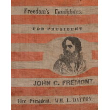 EXTRAORDINARILY RARE, PORTRAIT STYLE PARADE FLAG, MADE FOR THE PRESIDENTIAL CAMPAIGN OF JOHN FRÉMONT, WHO OPENED THE GATEWAY TO CALIFORNIA STATEHOOD, WAS THE REPUBLICAN PARTY’S FIRST PRESIDENTIAL CANDIDATE, AND RAN ON AN ANTI-SLAVERY PLATFORM; DISPLAYING 13 STARS, ARRANGED IN THE TRUMBULL PATTERN