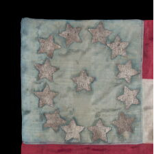 EXTRAORDINARY, HOMEMADE, 1ST CONFEDERATE NATIONAL FLAG, MADE OF LADIES’ DRESS SILK, WITH BEAUTIFUL COLORS AND EXCEPTIONAL PRESSED FOIL STARS, POSSIBLY OF NORTH CAROLINA ORIGIN; LIKELY PRESENTED TO AN OFFICER BY A LOVED ONE AND SEEMINGLY DISPLAYED THEREAFTER AS CONDITIONS PERMITTED; CAPTURED OR SEIZED BY CHAPLAIN-TURNED-GENERAL ELIPHALET WHITTLESEY OF MAINE, A STRONG OPPONENT OF SLAVERY, WHO EVENTUALLY LED AN ALL-BLACK REGIMENT (46TH U.S. COLORED TROOPS)