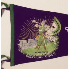 RARE SUFFRAGETTE PENNANT WITH ICONIC BUGLER / "CLARION GIRL" IMAGE, BEARING A SUFFRAGE FLAG 10 STARS, THE LARGEST TO REPRESENT SUCCESS IN ILLINOIS IN 1913; MADE FOR HARRIOT STANTON EATON BLANCH'S WOMENS POLITICAL UNION IN NYC, SIGNED & PATENT-DATED BY THE MAKER