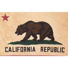VINTAGE CALIFORNIA STATE "BEAR" FLAG OF STOUT CONSTRUCTION, AND WITH SIGNIFICANT GOLDEN BROWN OXIDATION THAT LENDS TO BEAUTIFUL PATINA AND CONVEYS ITS AGE; LATTER 1940’s - 1960’s