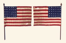 PAIR OF HAND-SEWN, HOMEMADE, WOOL PARADE FLAGS WITH 35 STARS, 1863-1865, CIVIL WAR PERIOD, FORMERLY IN THE COLLECTION OF DEAN JOHNSON AND JIMMY KRAMER, ILLUSTRATED IN "SEASONS AT SEVEN GATES FARM"