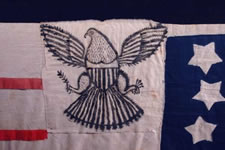 31 STARS, 1850-1858, CALIFORNIA STATEHOOD, FOUND IN THE HOME OF A SOLDIER THAT FOUGHT WITH CHAMBERLAIN AND THE 20TH MAINE VOLUNTEERS AT GETTYSBURG, FANTASTIC MAKE-DO DESIGN WITH RIBBON STRIPES & APPLIED PANEL WITH PAINTED EAGLE