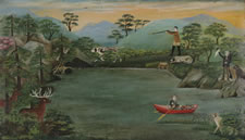 FOLK PAINTING OF A HUNTERS ON A WOODED LANDSCAPE, 1870-90