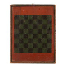 ANTIQUE, AMERICAN, PAINTED BACKGAMMON GAME BOARD w/ EXAGGERATEDLY STEEP PIPS THAT RESEMBLE ICICLES OR JAGGED TEETH, GENEROUS DEPTH, A MOLDED EDGE, & EXCEPTIONAL SURFACE, circa 1840-60