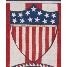 ANTIQUE, AMERICAN, 1876 CENTENNIAL CELEBRATION PARADE BANNER, WITH AN OVAL STANDING PORTRAIT OF GEORGE WASHINGTON AND HIS HORSE, ON A GROUND OF RED & WHITE STRIPES