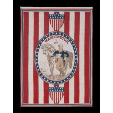 ANTIQUE AMERICAN PARADE FLAG / BANNER WITH A STANDING PORTRAIT OF GEORGE WASHINGTON & HIS HORSE, “BLUESKIN” SET WITHIN AN OVAL WINDOW, ON A GROUND OF RED & WHITE STRIPES, MADE FOR THE 1876 CENTENNIAL OF AMERICAN INDEPENDENCE