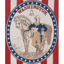 ANTIQUE AMERICAN PARADE FLAG / BANNER WITH A STANDING PORTRAIT OF GEORGE WASHINGTON & HIS HORSE, “BLUESKIN” SET WITHIN AN OVAL WINDOW, ON A GROUND OF RED & WHITE STRIPES, MADE FOR THE 1876 CENTENNIAL OF AMERICAN INDEPENDENCE