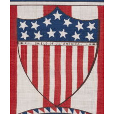 ANTIQUE AMERICAN PARADE FLAG / BANNER WITH A STANDING PORTRAIT OF GEORGE WASHINGTON & HIS HORSE, “BLUESKIN,” SET WITHIN AN OVAL WINDOW, ON A GROUND OF RED & WHITE STRIPES, MADE FOR THE 1876 CENTENNIAL OF AMERICAN INDEPENDENCE BY S.H. GREENE & SONS OF WARWICK, RHODE ISLAND