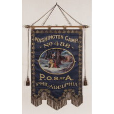 ELABORATE SILK BANNER WITH GILDED TEXT, SPECTACULAR BULLION TRIM, AND A BEAUTIFULLY PAINTED RENDITION OF GEORGE WASHINGTON'S ‘PRAYER AT VALLEY FORGE,’ MADE FOR THE PHILADELPHIA CHAPTER OF THE PATRIOTIC ORDER SONS OF AMERICA FRATERNAL ORGANIZATION, IN 1901, BY ESTEEMED FLAG-MAKER LOUIS E. STILZ & BROTHERS