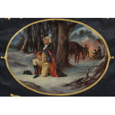 ELABORATE SILK BANNER WITH GILDED TEXT, SPECTACULAR BULLION TRIM, AND A BEAUTIFULLY PAINTED RENDITION OF GEORGE WASHINGTON'S ‘PRAYER AT VALLEY FORGE,’ MADE FOR THE PHILADELPHIA CHAPTER OF THE PATRIOTIC ORDER SONS OF AMERICA FRATERNAL ORGANIZATION, IN 1901, BY ESTEEMED FLAG-MAKER LOUIS E. STILZ & BROTHERS