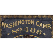 ELABORATE SILK BANNER WITH GILDED TEXT, SPECTACULAR BULLION TRIM, AND A BEAUTIFULLY PAINTED RENDITION OF GEORGE WASHINGTON'S ‘PRAYER AT VALLEY FORGE,’ MADE FOR THE PHILADELPHIA CHAPTER OF THE PATRIOTIC ORDER SONS OF AMERICA FRATERNAL ORGANIZATION, IN 1901, BY ESTEEMED FLAG-MAKER LOUIS E. STILZ & BROTHERS