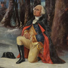 ELABORATE SILK BANNER WITH GILDED TEXT, SPECTACULAR BULLION TRIM, AND A BEAUTIFULLY PAINTED RENDITION OF GEORGE WASHINGTON'S ‘PRAYER AT VALLEY FORGE,’ MADE FOR THE PHILADELPHIA CHAPTER OF THE PATRIOTIC ORDER SONS OF AMERICA FRATERNAL ORGANIZATION, IN 1901, BY ESTEEMED FLAG-MAKER LOUIS E. STILZ & BROTHERS