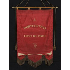 ELABORATE SILK BANNER WITH GILDED TEXT, SPECTACULAR BULLION TRIM, AND A BEAUTIFULLY PAINTED RENDITION OF GEORGE WASHINGTON'S ‘PRAYER AT VALLEY FORGE,’ MADE FOR THE PHILADELPHIA CHAPTER OF THE PATRIOTIC ORDER SONS OF AMERICA FRATERNAL ORGANIZATION, IN 1901, BY ESTEEMED FLAG-MAKER LOUIS E. STILZ & BROTHERS