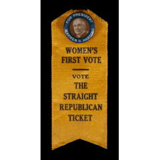GOLDEN YELLOW SILK RIBBON & PINBACK COMBINATION, DENOTING THE ENDORSEMENT OF THE SUFFRAGE CAUSE BY UNITED STATES SENATOR & REPUBLICAN PRESIDENTIAL NOMINEE WARREN G. HARDING OF OHIO, IN THE MATTER RATIFYING THE 19TH AMENDMENT