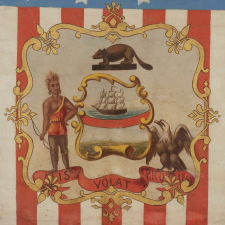 HAND-PAINTED PATRIOTIC BANNER WITH THE SEAL OF THE STATE OF OREGON AND GREAT FOLK QUALITIES, PROBABLY MADE FOR THE 1868 DEMOCRAT NATIONAL CONVENTION IN NEW YORK CITY