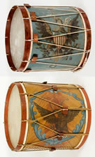 HUGE AMERICAN MILITARY LONG DRUM, GOLD EAGLE IN A BLUE WREATH ON A PAINT-DECORATED GROUND, 1845-1865