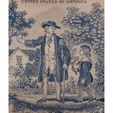 “THE IMPORTANCE OF TRUTH”: GEORGE WASHINGTON CHERRY TREE MYTH TEXTILE, LIKELY PRODUCED IN GERMANTOWN [PHILADELPHIA], BY THE GERMANTOWN PRINT WORKS, WITH VERSE FIRST PUBLISHED IN 1806 IN A BIOGRAPHY OF WASHINGTON (5TH EDITION) BY PARSON WEEMS 1759-1825); COPPER ENGRAVED ON COTTON, ONE OF THREE KNOWN EXAMPLES, THE ONLY ONE IN BLUE AND THE ONLY EXAMPLE IN PRIVATE HANDS