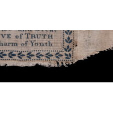 “THE IMPORTANCE OF TRUTH”: GEORGE WASHINGTON CHERRY TREE MYTH TEXTILE, LIKELY PRODUCED IN GERMANTOWN [PHILADELPHIA], BY THE GERMANTOWN PRINT WORKS, WITH VERSE FIRST PUBLISHED IN 1806 IN A BIOGRAPHY OF WASHINGTON (5TH EDITION) BY PARSON WEEMS 1759-1825); COPPER ENGRAVED ON COTTON, ONE OF THREE KNOWN EXAMPLES, THE ONLY ONE IN BLUE AND THE ONLY EXAMPLE IN PRIVATE HANDS
