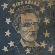IMPORTANT ABRAHAM LINCOLN PORTRAIT FLAG WITH 13 STARS AND "WIDE AWAKE" SLOGAN, FROM THE 1860 CAMPAIGN WITH VICE PRESIDENTIAL CANDIDATE HANNIBAL HAMLIN, AKIN TO A FLAG IN THE COLLECTION AT FORD'S THEATER