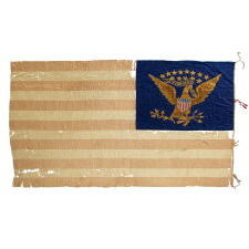 SILK, CIVIL WAR BATTLE FLAG WITH "GREEN MOUNTAIN BOYS" GILT-PAINTED IN WHIMSICAL SERPENTINE TEXT, INSIDE A RING OF 20 STARS THAT EXCLUDES THE SOUTHERN STATES, WITH A FEDERAL EAGLE ON THE REVERSE; DISPLAYED POST-WAR, AT WHICH TIME A PAINTED PORTRAIT OF GEORGE WASHINGTON WAS APPLIED OVER THE UNIT NICKNAME, LIKELY IN 1877, WHEN A GIANT CELEBRATION WAS HELD TO COMMEMORATE THE 100-YEAR ANNIVERSARY OF THE BATTLE OF BENNINGTON (VERMONT), AND HONOR A VISIT OF PRESIDENT RUTHERFORD B. HAYES
