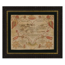 RARE PAIR OF MATCHING PENNSYLVANIA GERMAN FRAKTUR MADE FOR SISTERS MARIA AND ELISABETH MARSCHALL BY KREBS, DAUPHIN COUNTY, IN 1790 & 1798