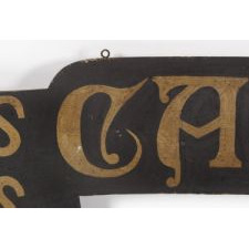 "HATS, CAPS, CARPETS, BOOTS, SHOES": PAINTED TRADE SIGN WITH A FOLKY SWAG RIBBON FORMAT AND THE MOST EXCEPTIONAL EARLY SURFACE, 1840-60