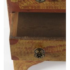 PAINT-DECORATED BLANKET CHEST ON HIGH SCALLOPPED FEET WITH RED SPONGING AND TRIM ON A YELLOW GROUND, FOUND IN VESTAL, NEW YORK, CA 1820