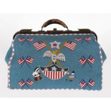 MONUMENTAL BEADED NATIVE AMERICAN DOCTOR'S BAG WITH FLAGS AND EAGLES, OF EXTRAORDINARY SIZE, BEADED ALL THE WAY AROUND AND ON THE UNDERSIDE, LOUISIANA ORIGIN
