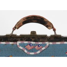 MONUMENTAL BEADED NATIVE AMERICAN DOCTOR'S BAG WITH FLAGS AND EAGLES, OF EXTRAORDINARY SIZE, BEADED ALL THE WAY AROUND AND ON THE UNDERSIDE, LOUISIANA ORIGIN