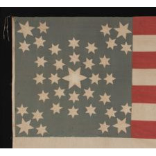 A MASTERPIECE AMONG KNOWN EXAMPLES: AMAZINGLY GRAPHIC FLAG WITH 37 SIX-POINTED STARS IN A SPECTACULAR DOUBLE-WREATH STYLE MEDALLION, POSSIBLY WITH A PRO-UNION MESSAGE, INSCRIBED WITH THE INTIALS "A.P." AND THE NAME "PURSEL." NEBRASKA STATEHOOD, 1867-1876