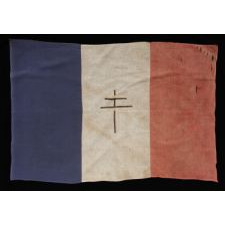 WWII PERIOD FRENCH FLAG WITH THE CROSS OF LORRAINE- SYMBOL OF THE FREE FRENCH-APPLIQUÉD IN SILK RIBBON AS ITS CENTERPIECE, 1940-1945