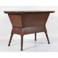 SOUTHERN DOUGH TABLE ON TURNED FEET IN SALMON RED PAINT, 1840-60
