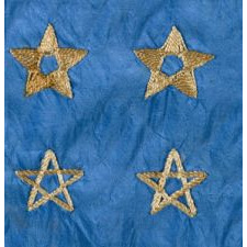 38 STAR FLAG, MADE OF SILK WITH 12 STRIPES AND THREE DIFFERENT STYLES OF HAND-EMBROIDERED STARS, ARRANGED TO REFLECT THE NUMBER OF NORTHERN AND SOUTHERN SUPPORTING STATES DURING THE CIVIL WAR, AND RESULTING IN ONE OF THE MOST RARE STAR CONFIGURATIONS EXTANT AMONG SURVIVING EXAMPLES, COLORADO STATEHOOD, 1876-1889