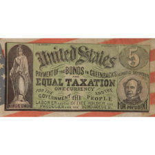 EXTREMELY RARE PARADE FLAG WITH RARE CIRCLE-IN-A-SQUARE STAR CONFIGURATION, MADE FOR THE 1868 PRESIDENTIAL CAMPAIGN OF HORATIO SEYMOUR AND FRANCIS PRESTON BLAIR, JR., WITH HIGHLY UNUSUAL GRAPHICS THAT INCLUDE A "GREENBACK" DOLLAR WITH SEYMOUR'S PORTRAIT